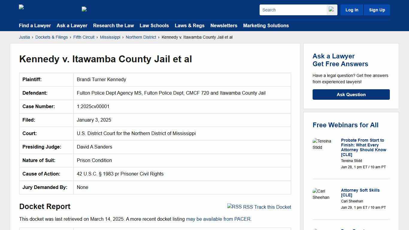 Kennedy v. Itawamba County Jail et al 1:2025cv00001 U.S. District Court for the Northern District of Mississippi Justia